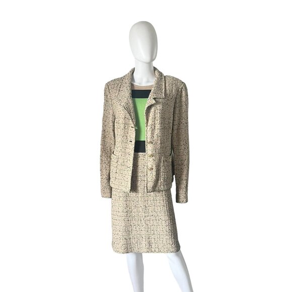 St. John Milano Knit and Tweed Colorblock Dress Green Beige Size 16 - Picture 3 of 5